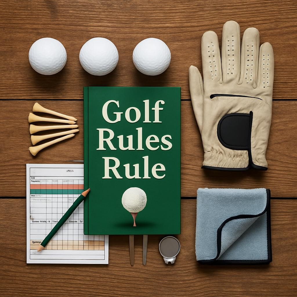 Three golf balls, wooden tees, golf glove, scorecard with pencil, divot tool, ball marker, and cloth on wooden table